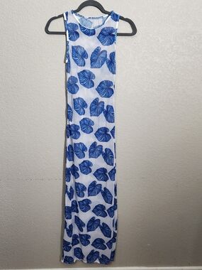 Women's Blue Leaf Print Swim Coverup Maxi Dress